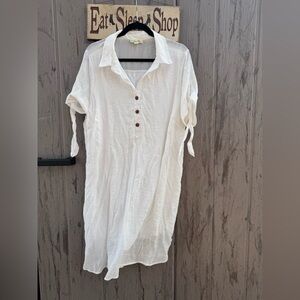 Casual White Button-Front Midi Dress with Tie Sleeves